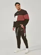 Men's color blocked 2-piece set, casual round neck long sleeved sweatshirt and sweatpants set, suitable for autumn and winter se