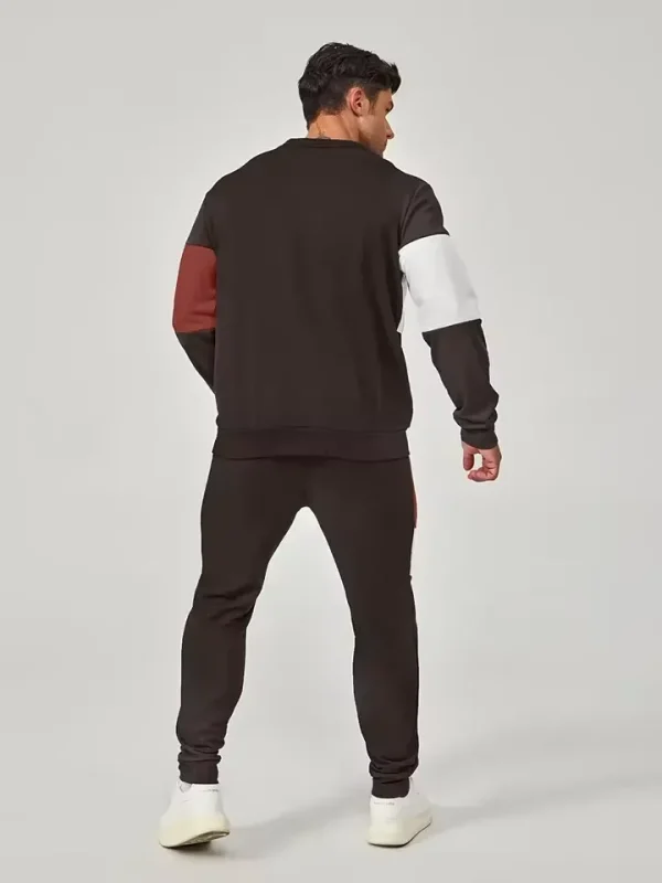 Men's color blocked 2-piece set, casual round neck long sleeved sweatshirt and sweatpants set, suitable for autumn and winter se - Image 5